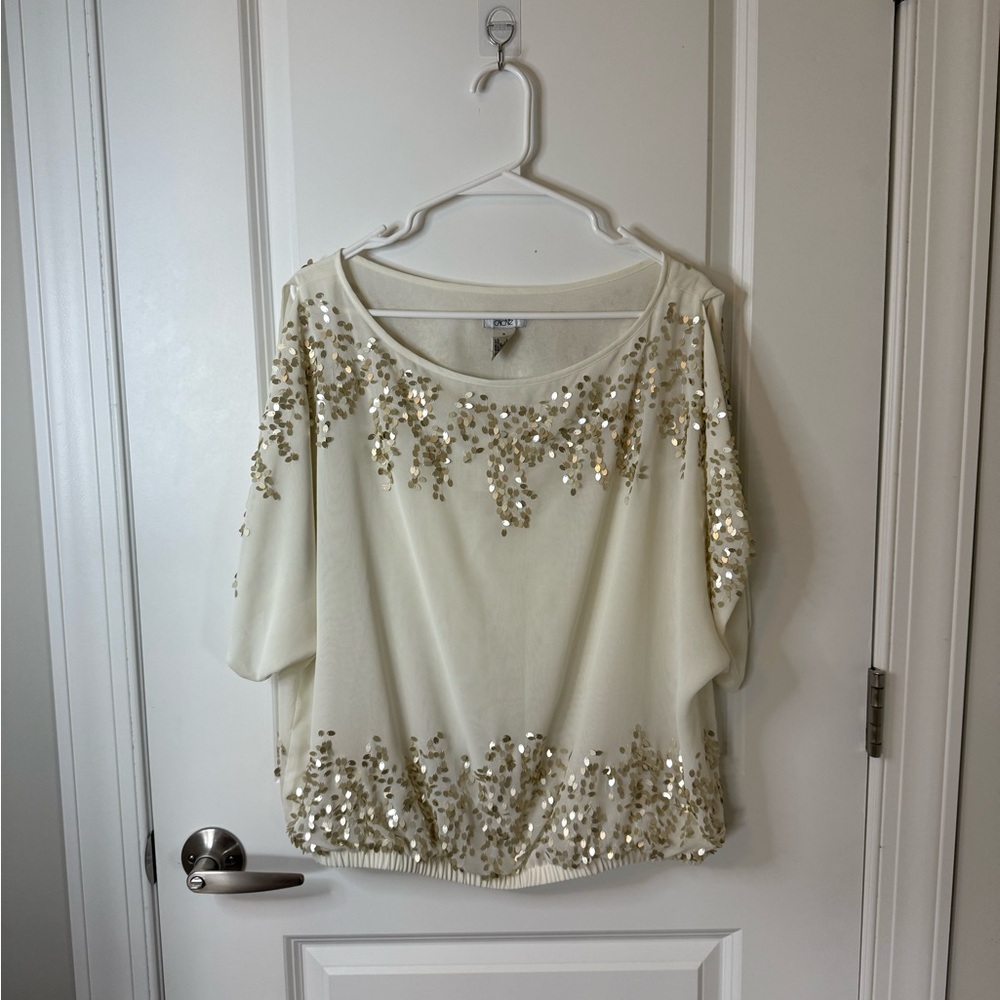 Cache Cream and Gold Sequin Blouse